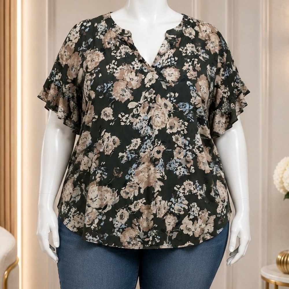 Maurices Womens Blouse Floral V-Neck Flutter Sleeve Dark Green Plus Size 4X
